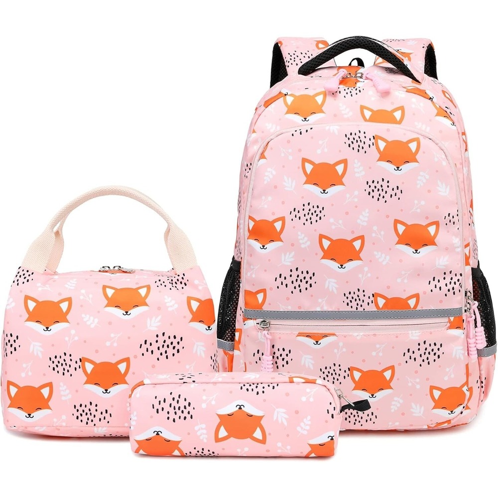 Girls Fox Pink Backpack with Insulated Lunch Bag & Pencil Bag, Reflective NEW